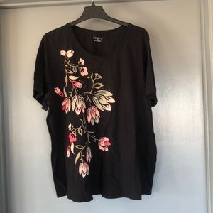 Catherine's Size 18/20W Black Pullover Pink Floral Top Short  Sleeves Scoop Neck